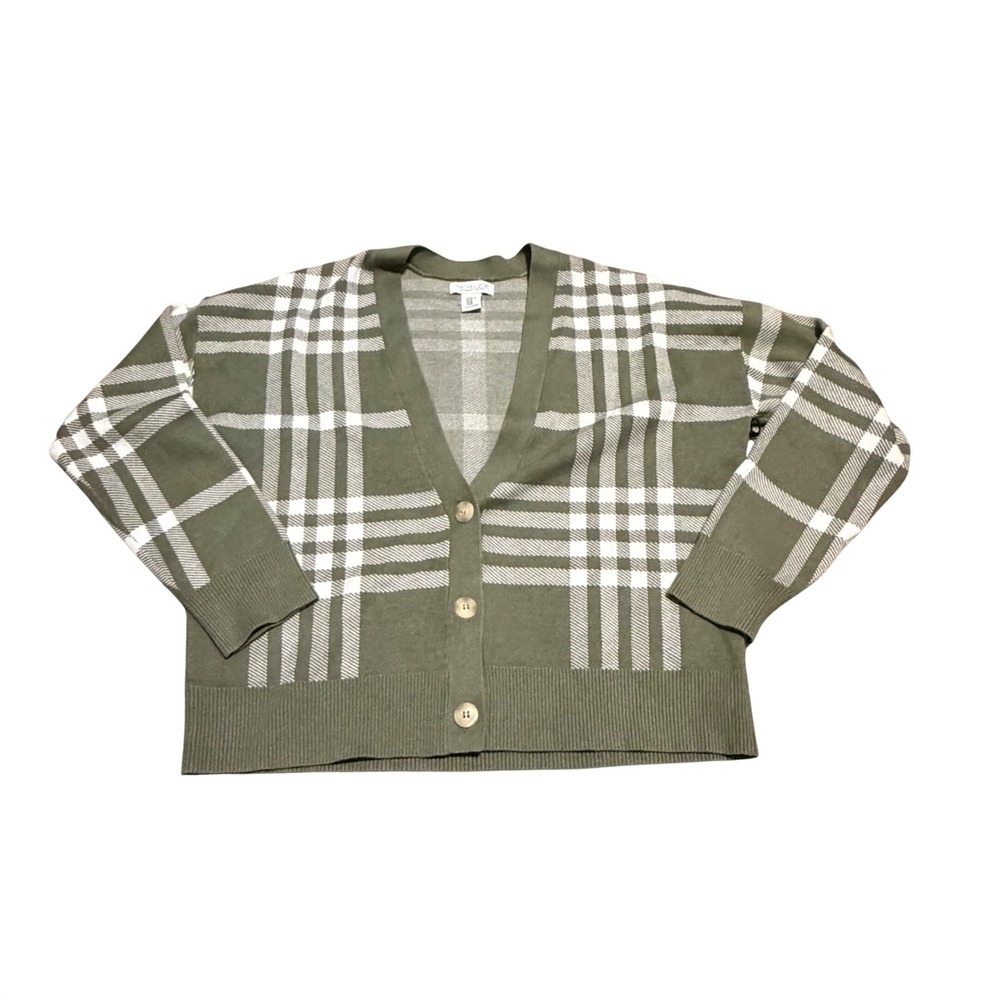 Rachel Zoe Womens Plaid V-Neck Cardigan Olive Green White XL NWT
